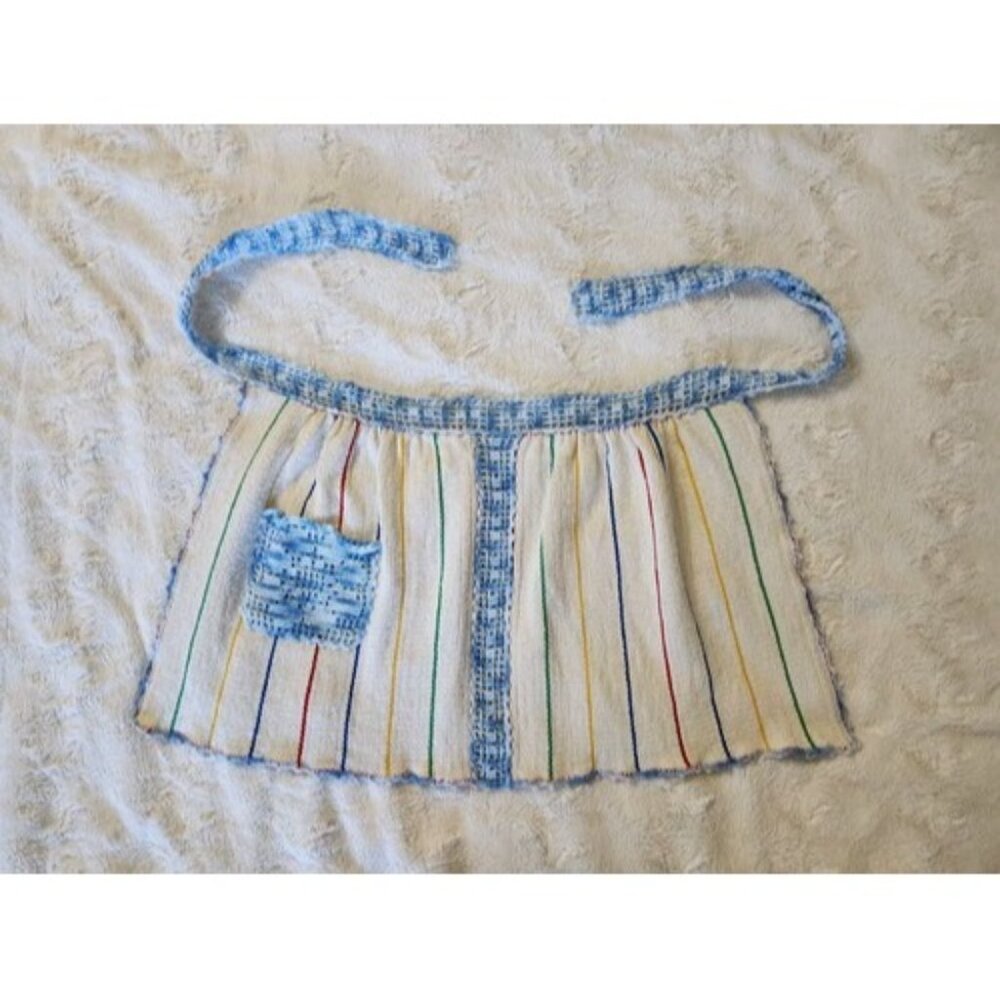 Vintage Colorful Handmade Crocheted Stripe Pattern Apron Boho Cottage